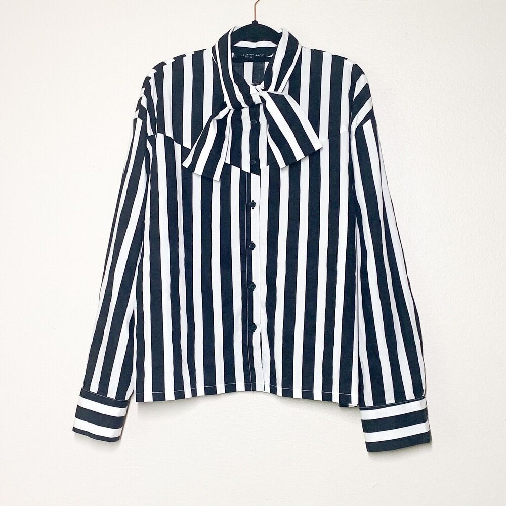 Sister Jane Black and White Vertical Stripe Bow Blouse